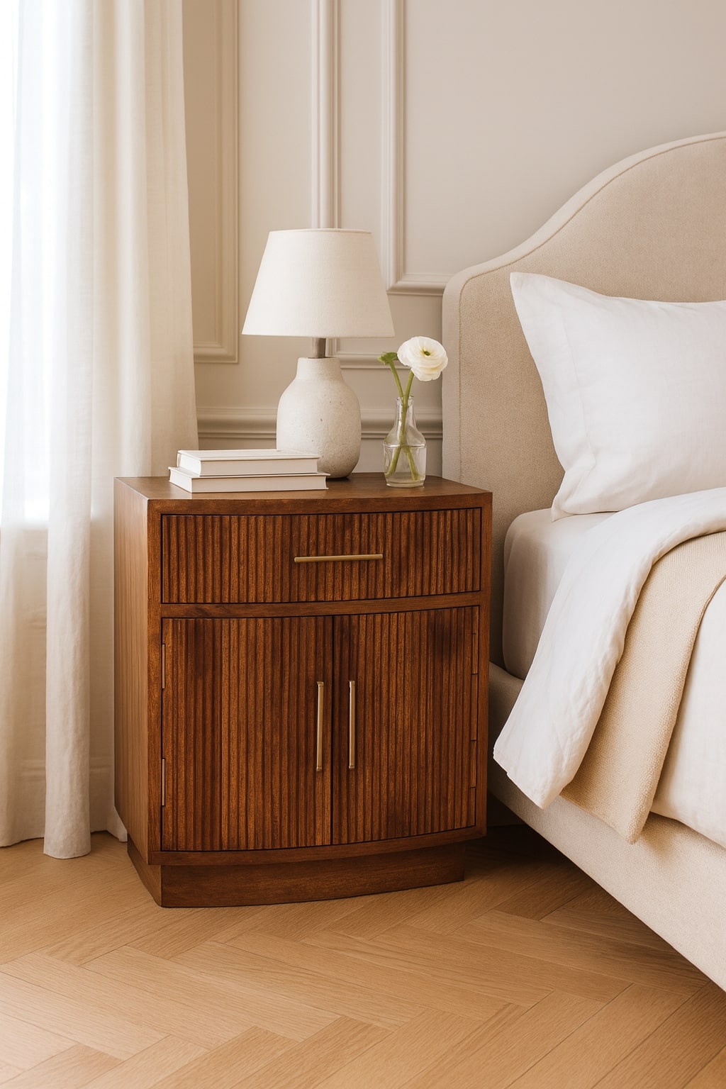 Artisan Furniture Solid Wood,  Curved Ribbed Bedside With Drawer