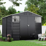 8.08 ft x 8.53 ft Durable Charcoal Steel Garden Tool Shed with Windows, Ventilation, and Shelving – Spacious, Secure Storage for Outdoor Equipment