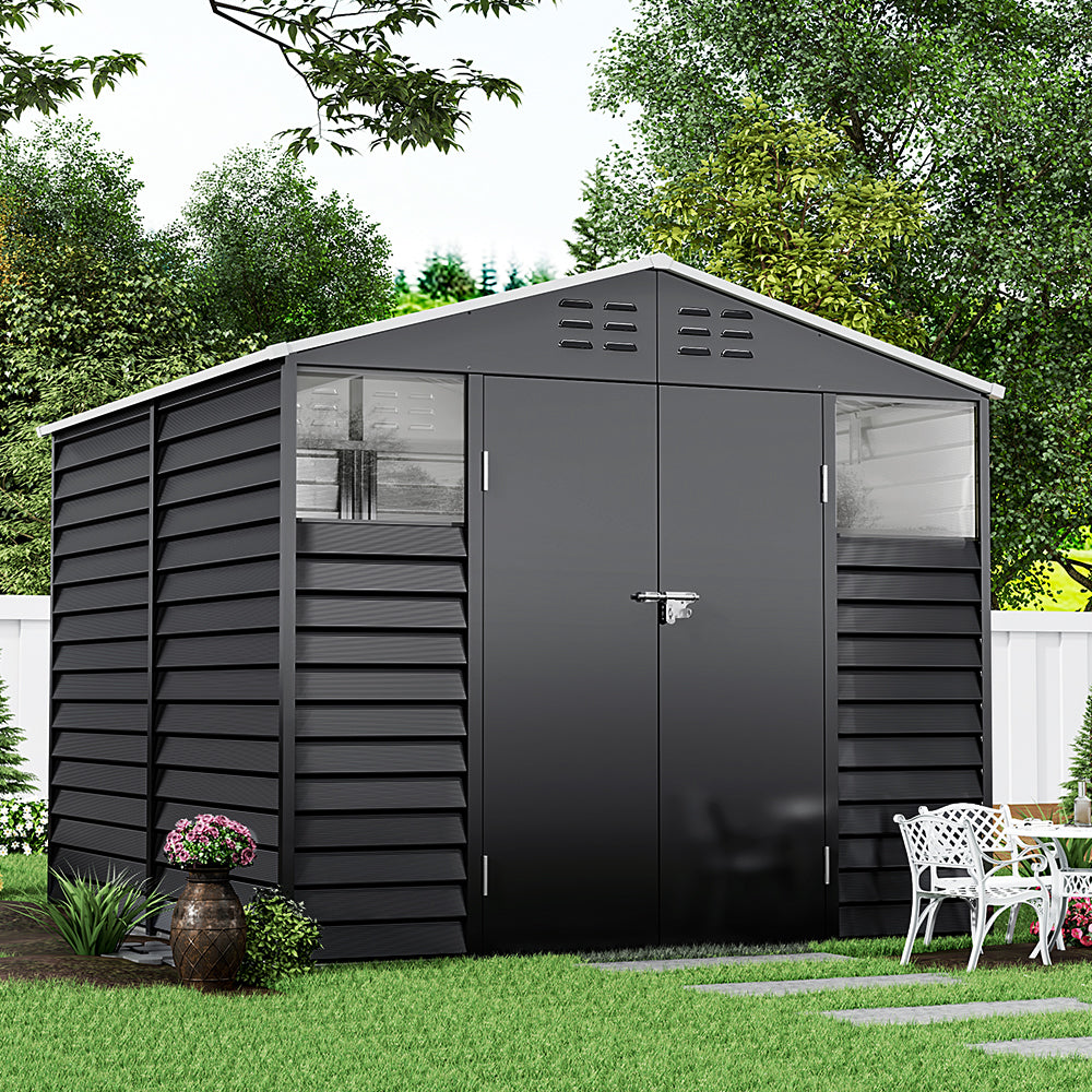 8.08 ft x 8.53 ft Durable Charcoal Steel Garden Tool Shed with Windows, Ventilation, and Shelving – Spacious, Secure Storage for Outdoor Equipment
