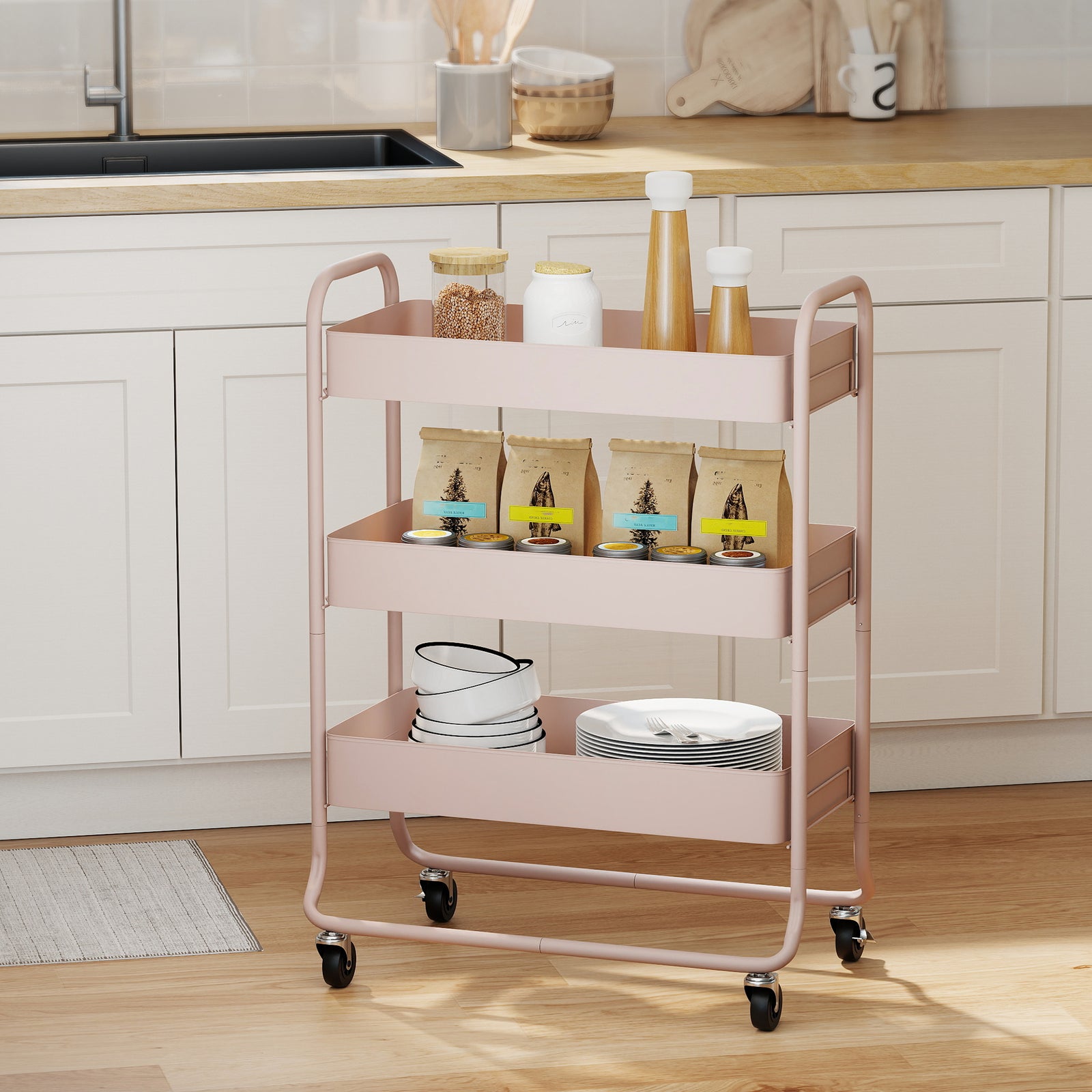 3-tier Storage Trolley, Storage Cart With Mesh Backets, Wheels | Pink