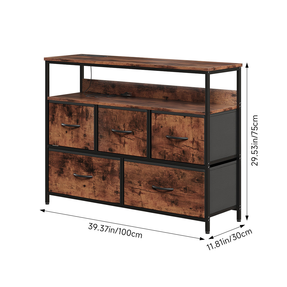 5-drawer Metal Frame Chest Of Drawers Storage Cabinet With Power Strip | Rustic Brown