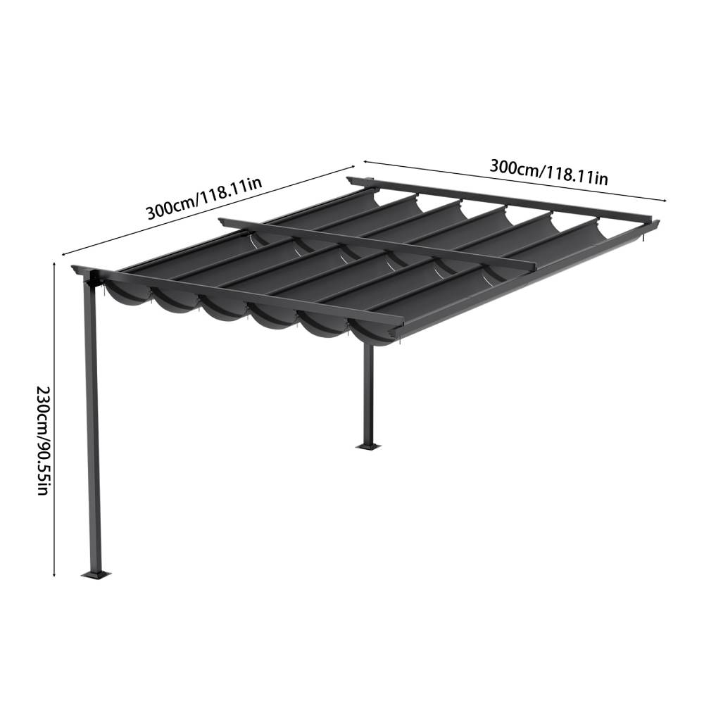 3x3m/3x4m Lean To Pergola With Retractable Roof With Pa-coated Polyester Canopy Wall Mounted Garden Gazebo Outdoor Sun Shade Shelter For Patio | 3m x 3m | Dark Grey