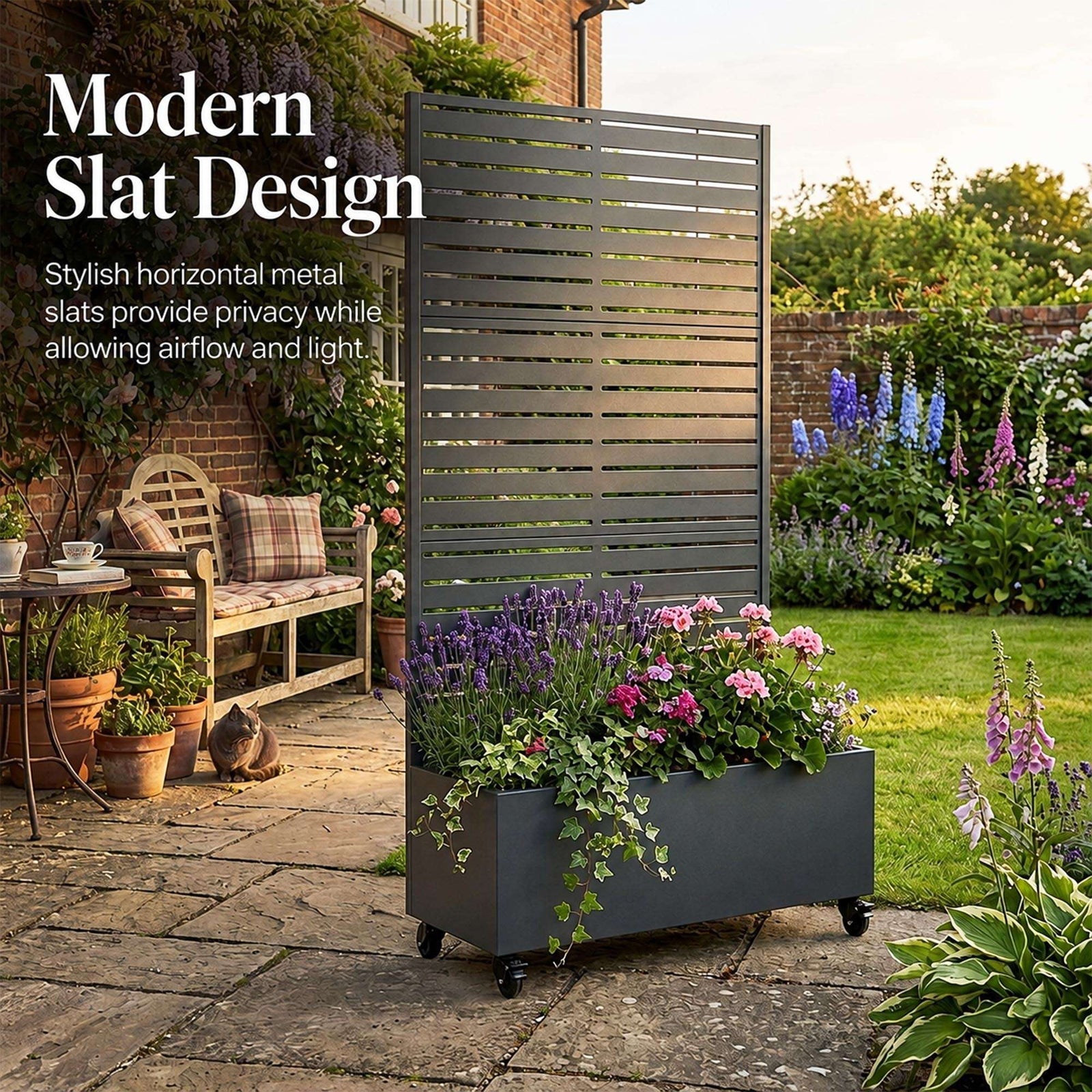 Metal Privacy Screen With Plant Pot - Slat | Anthracite Grey