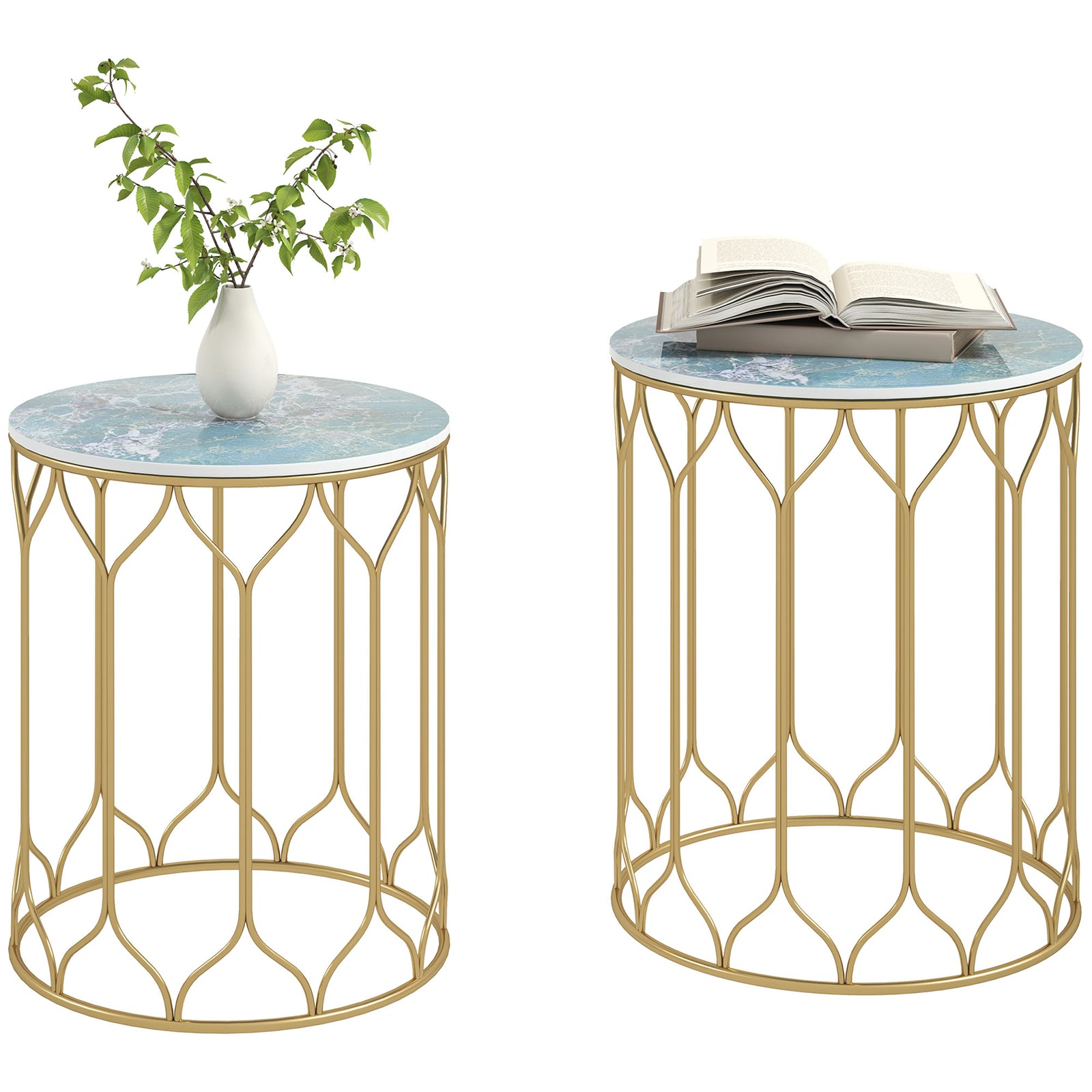 Nesting Small Garden Table Set Of 2 W/ Marble Effect Top | Multi Colour