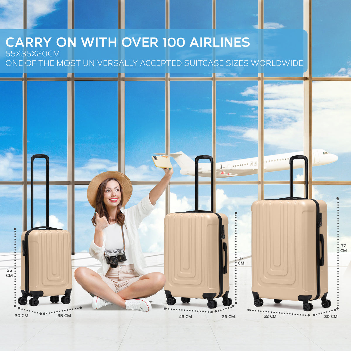 Set Of 3 Hard Shell Suitcases Overhead Carry On Cabin Bag & Check In 20kg+ Medium And Large Bag. | Set of 3 | Champagne