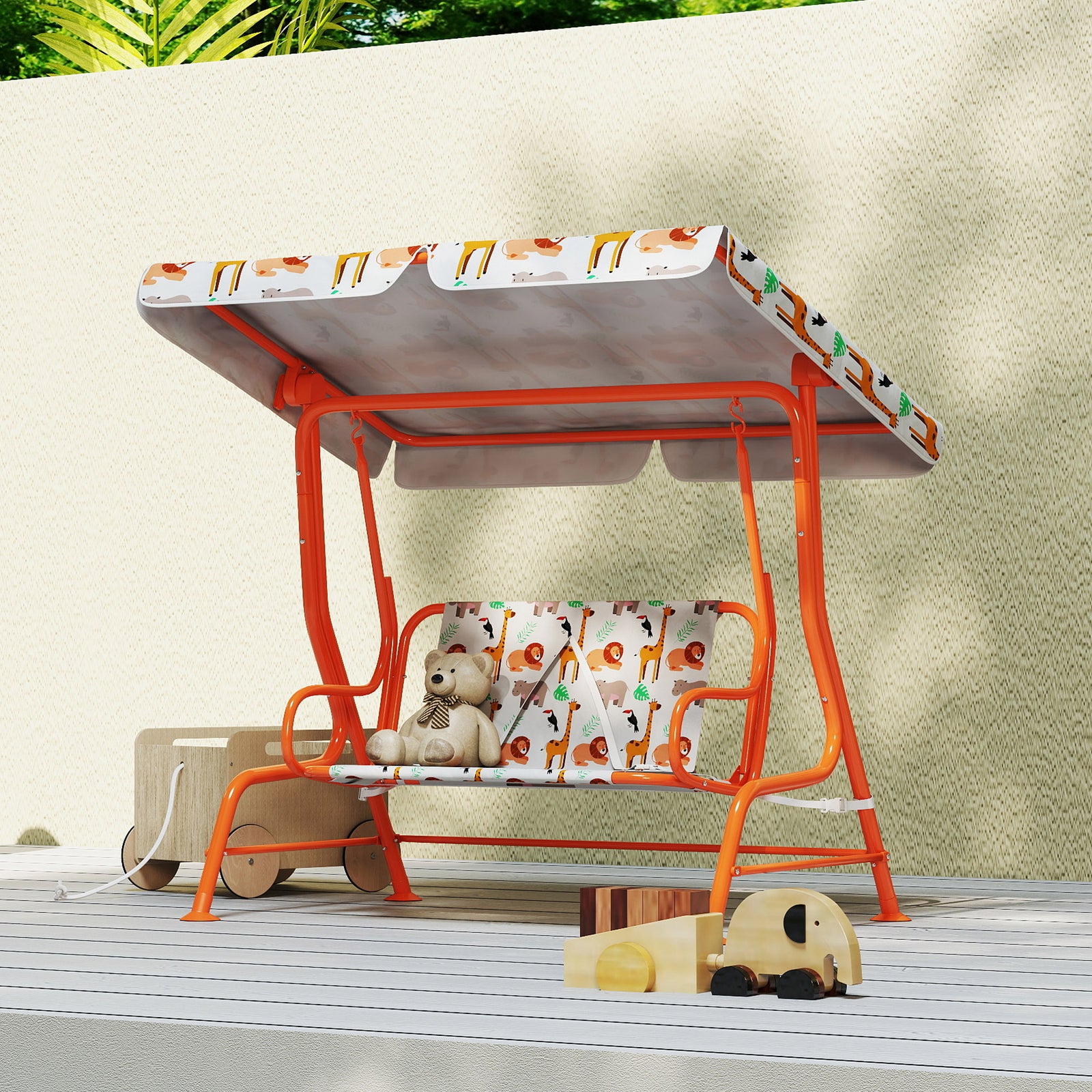 Kids Porch Swing With Seat Belts, Adjustable Canopy, Orange