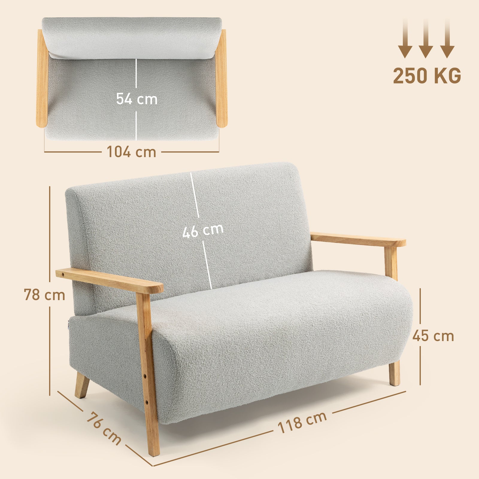 2 Seater Sofa, Fabric Modern Loveseat For Living Room | Light Grey