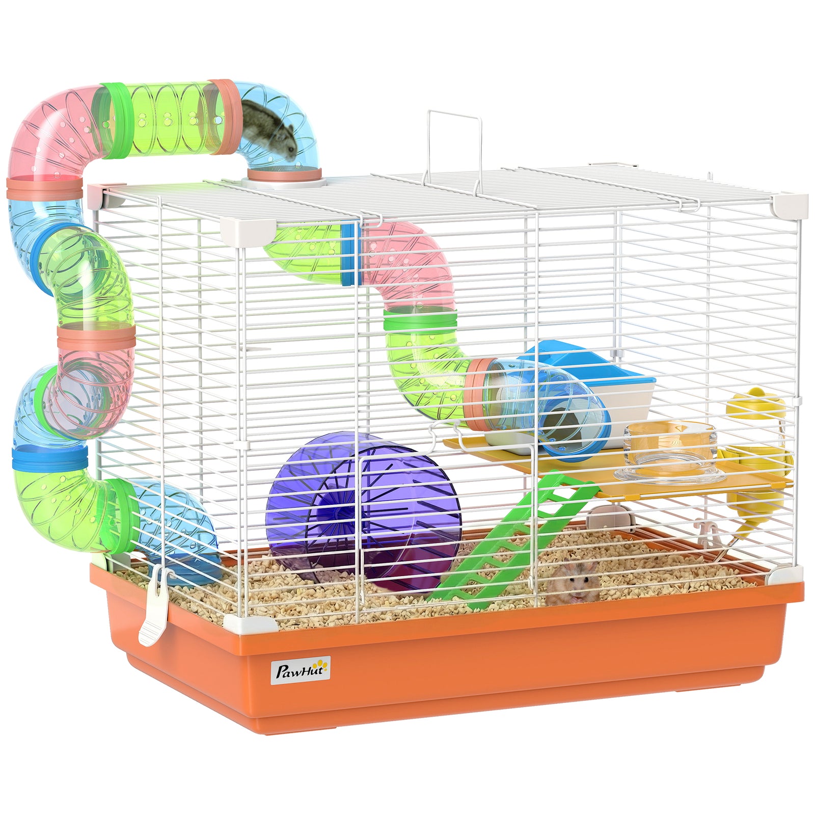 2 Tier Hamster Cage Small Animal House W/ Exercise Wheels Tunnel | Orange