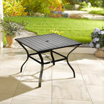 Garden Table W/ Parasol Hole For Four, Slatted Metal Top | Black