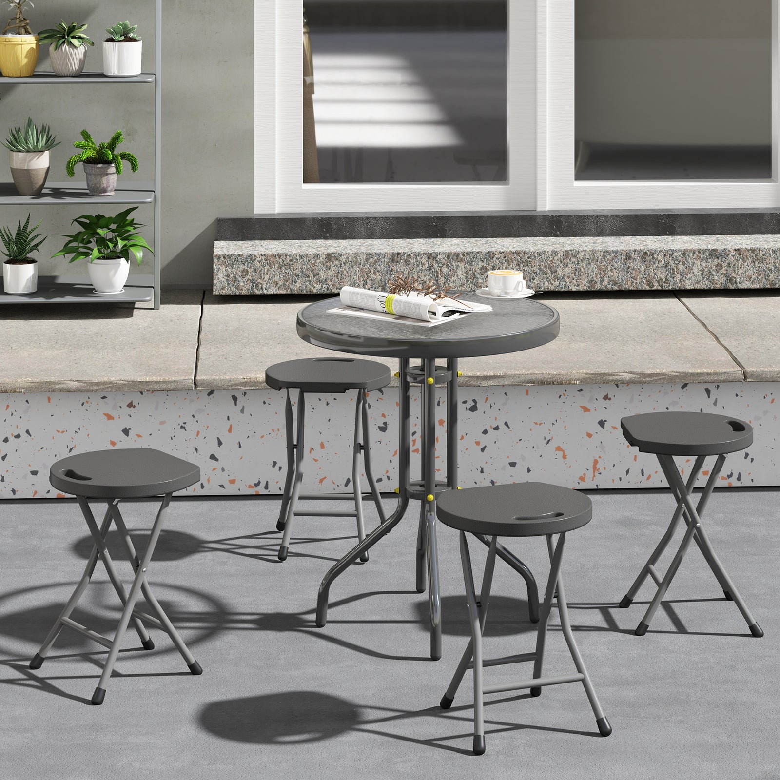Folding Stool Set Of 4, Decorative Garden Stool Set | Charcoal Gray