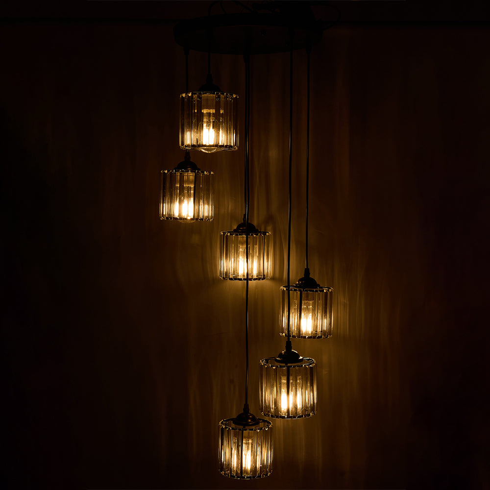 Modern 6-light Crystal Pendant Light Adjustable Linear Ceiling Fixture With Round Glass Shades