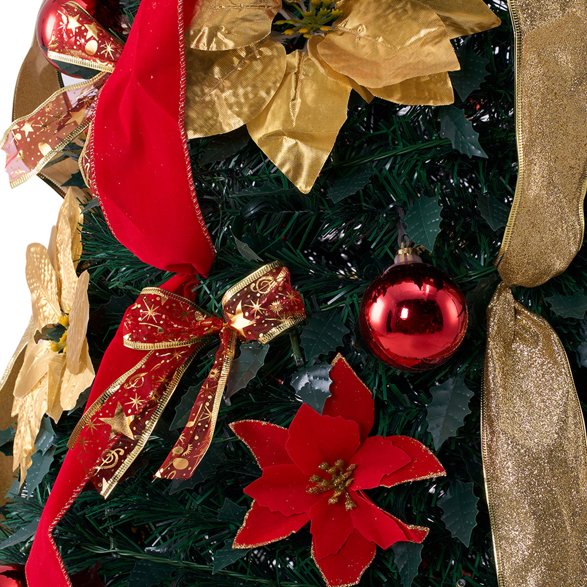 Breeins 180cm Pre-lit Decorated Christmas Tree With Red Bow, Ribbons & Baubles