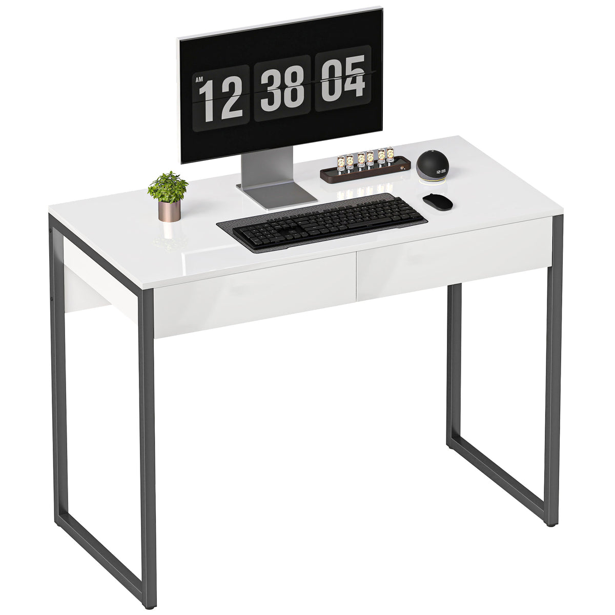 HOMCOM Modern Home Office Desk With High Gloss 2 Drawers Finish White Black