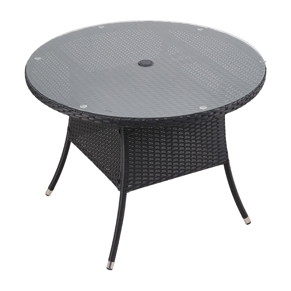 Garden Rattan Tempered Glass Top Round Table With Parasol Hole - 100cm Dia X 72cm