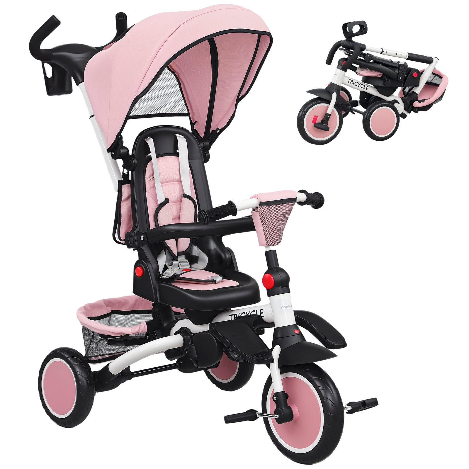 6 In 1 Kids Trike, Toddler Tricycle With Parent Handle | Pink