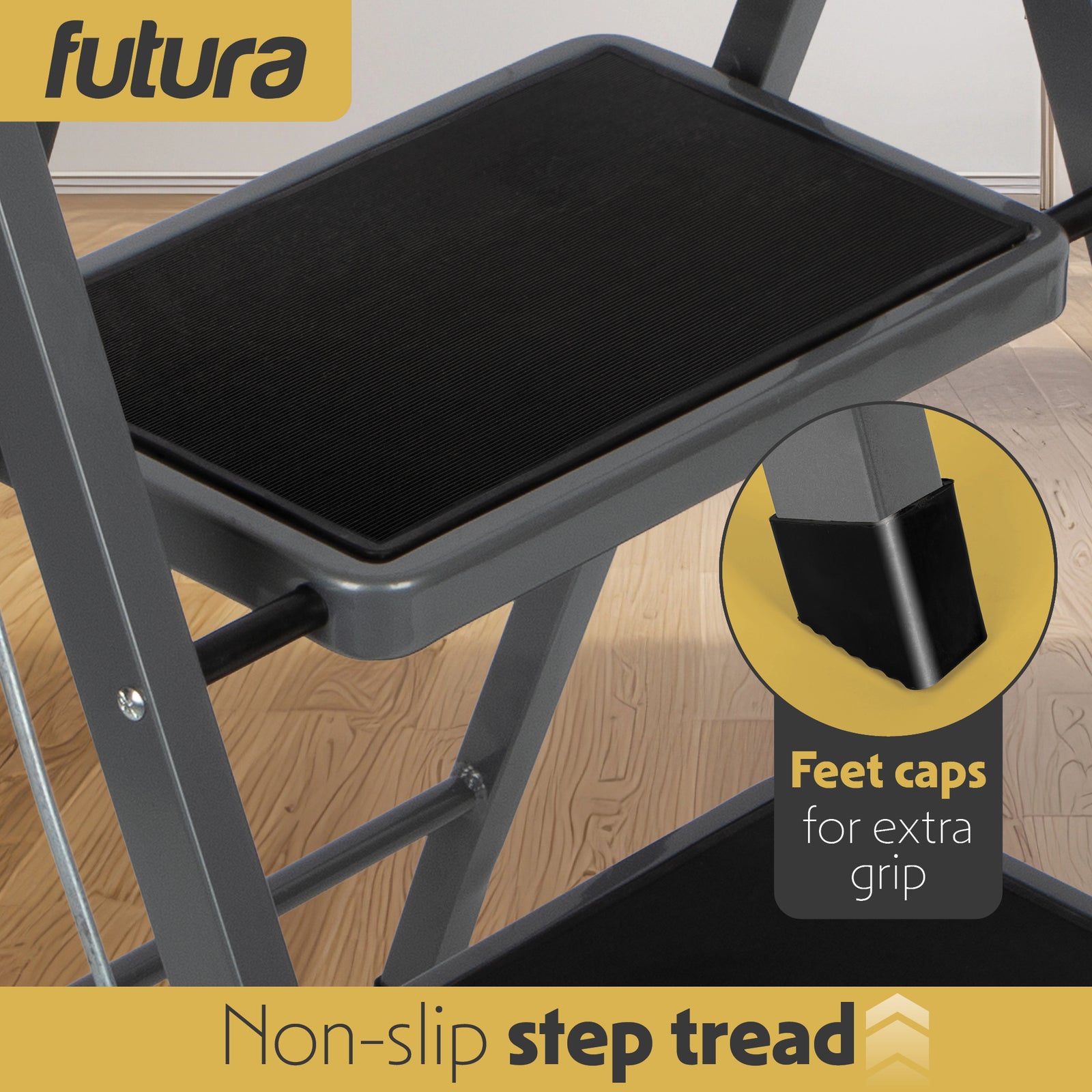 2 Step Ladder, Heavy-duty Steel Folding Home Diy Step Stool With Wide Non-slip Steps & Anti Slip Feet 150kg Capacity | 2 Step | Grey