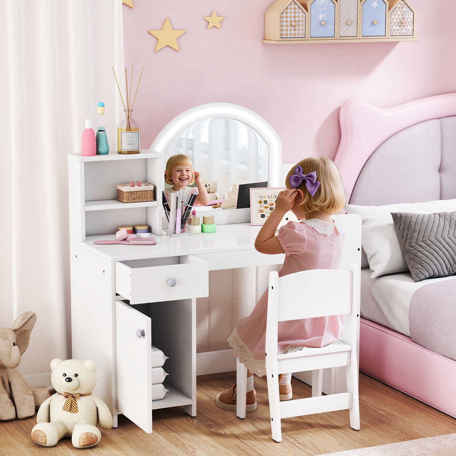 Girls Dressing Table With 2-colour Led Mirror And Stool | White