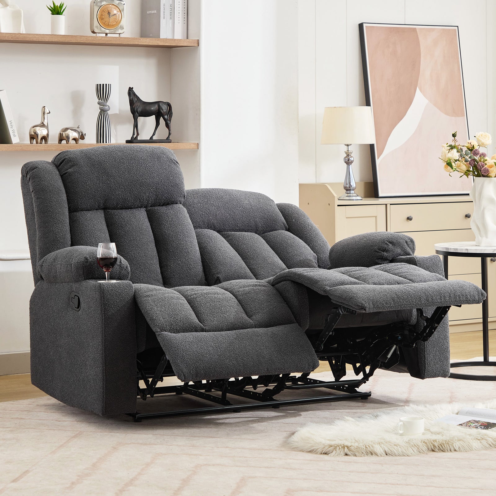 Lovell 2 Seat Manual Recliner Sofa With Cup Holders | Dark Grey