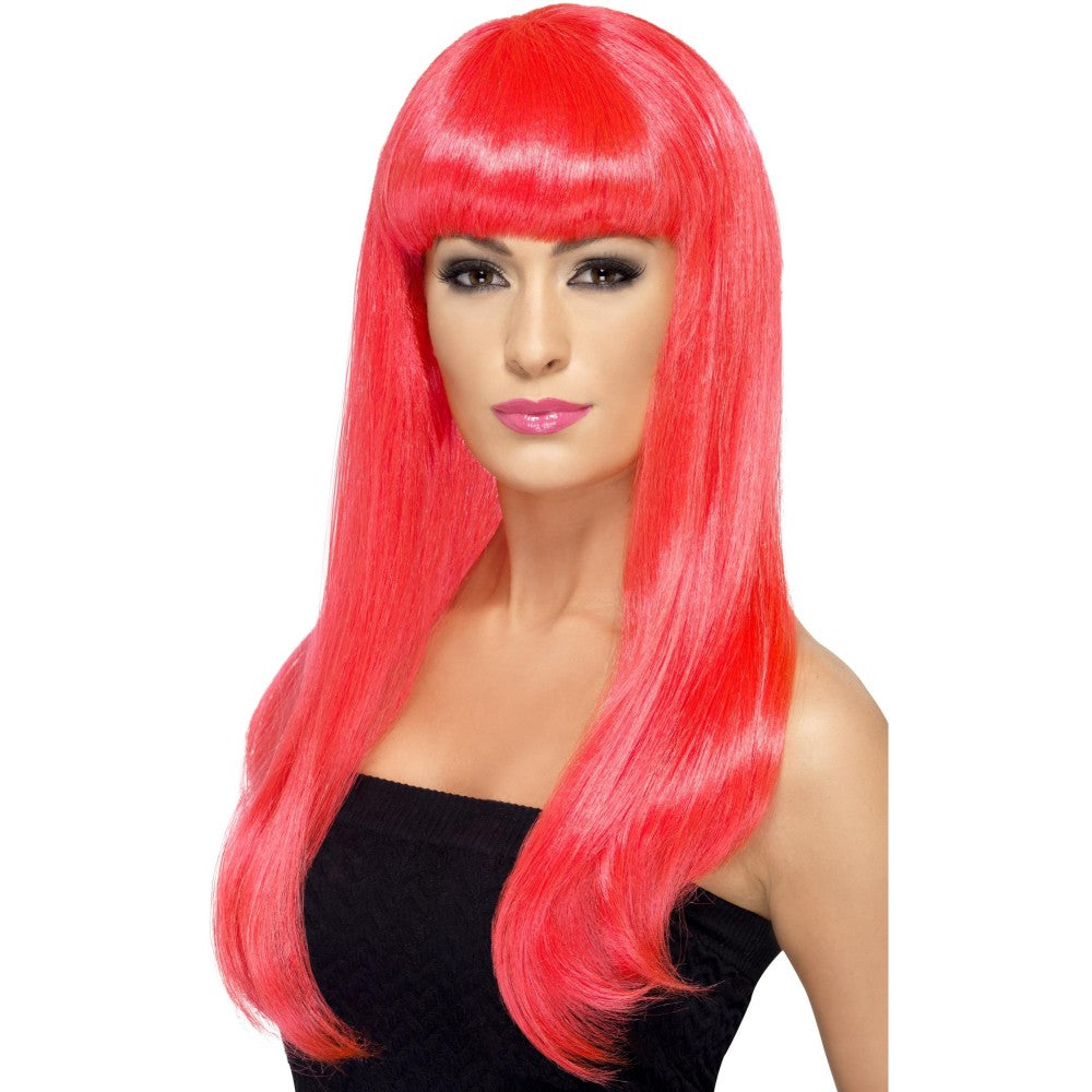 Babelicious Long Straight Wig With Fringe | Neon Pink