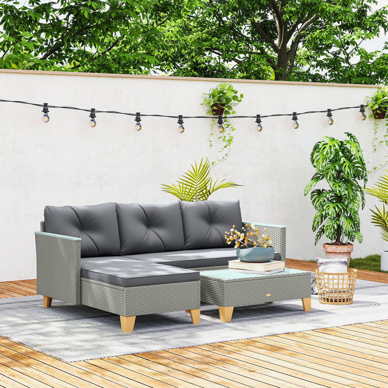 3 Pieces Rattan Lounge Set, L-shaped With Wood Table | Charcoal Gray