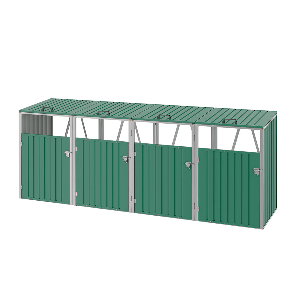 4 Bin Storage Shed – Heavy-duty Galvanized Steel Outdoor Bin Store With Lift-up Lids & Lockable Doors | Green