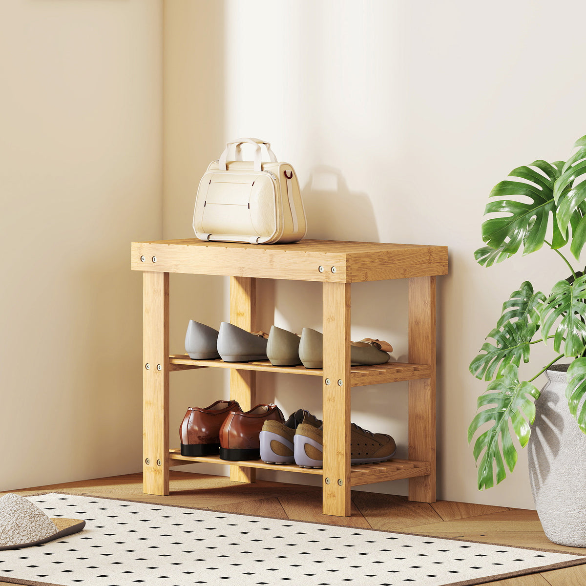 3-tier Bamboo Shoe Bench With 2 Shelves For Entryway | Brown