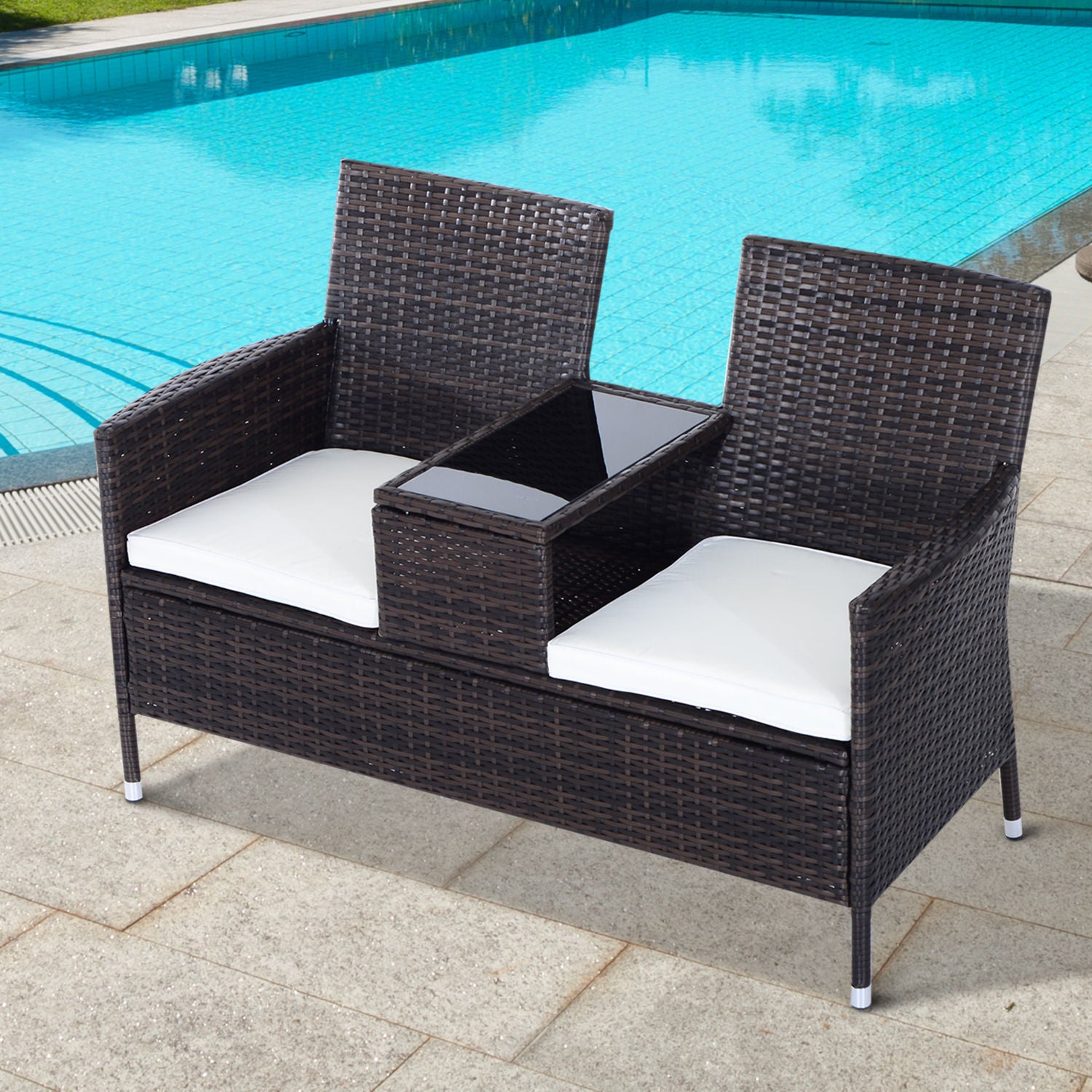Rattan Chair Garden Furniture Patio Companion Seat Table | Brown