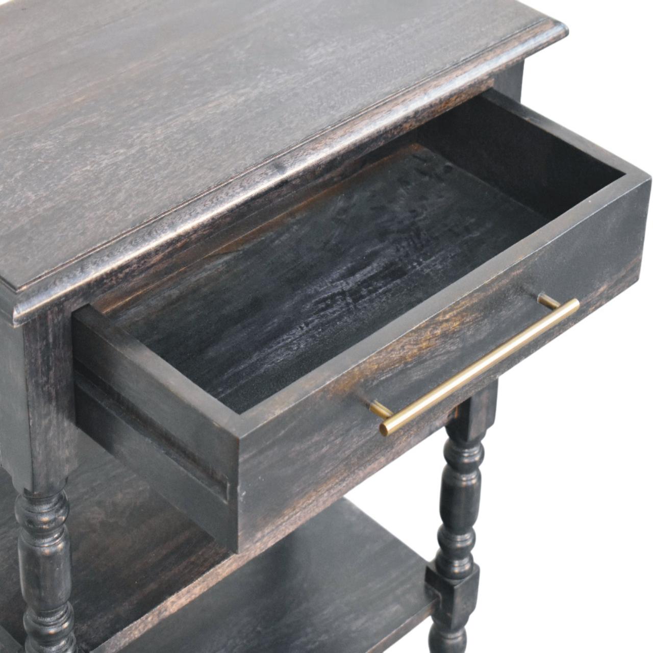 Heritage Turned-leg Side Table,1 Drawer, 2 Open Shelves, Dark brown