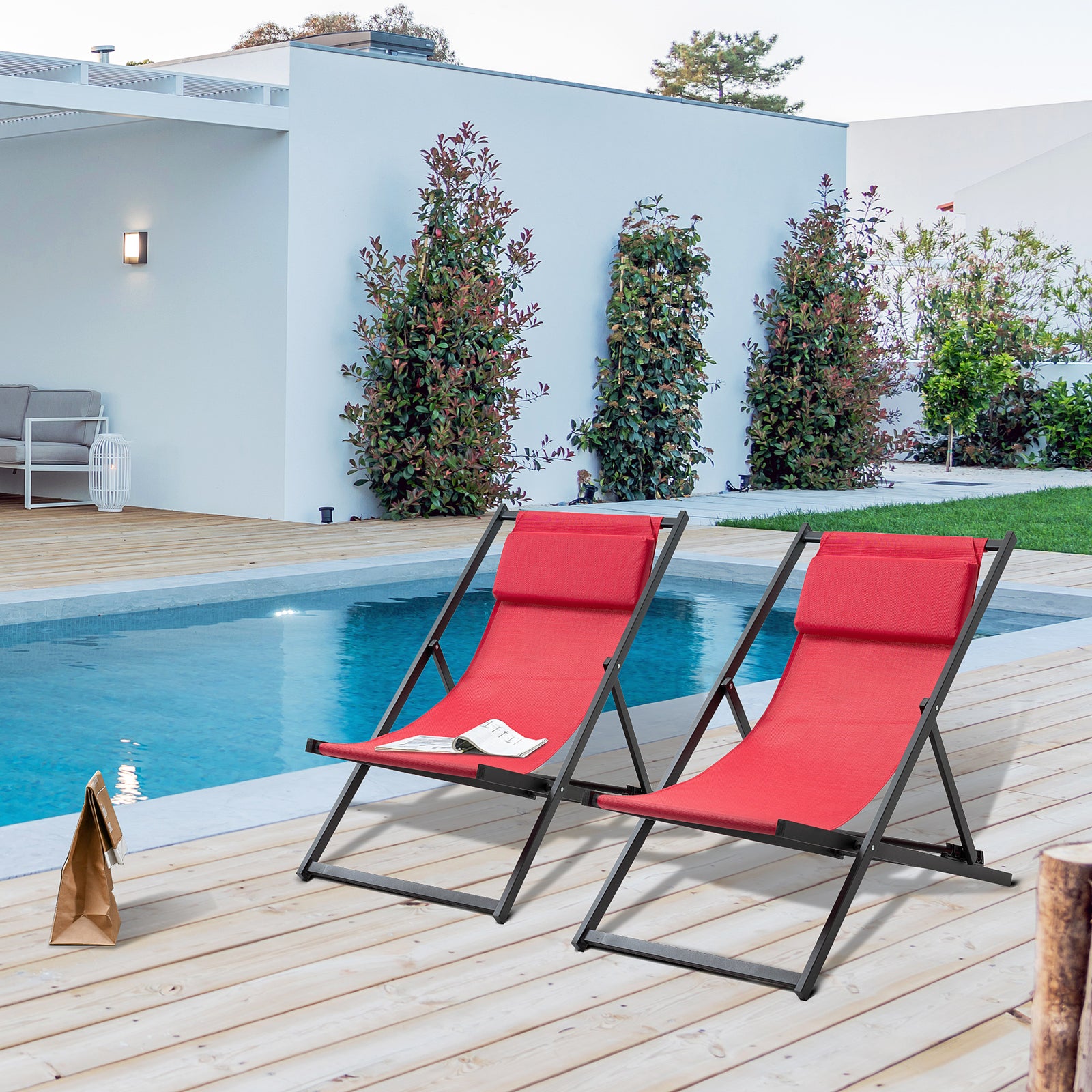 Set Of 2 Folding Garden Beach Aluminium Frame Deck Chairs | White