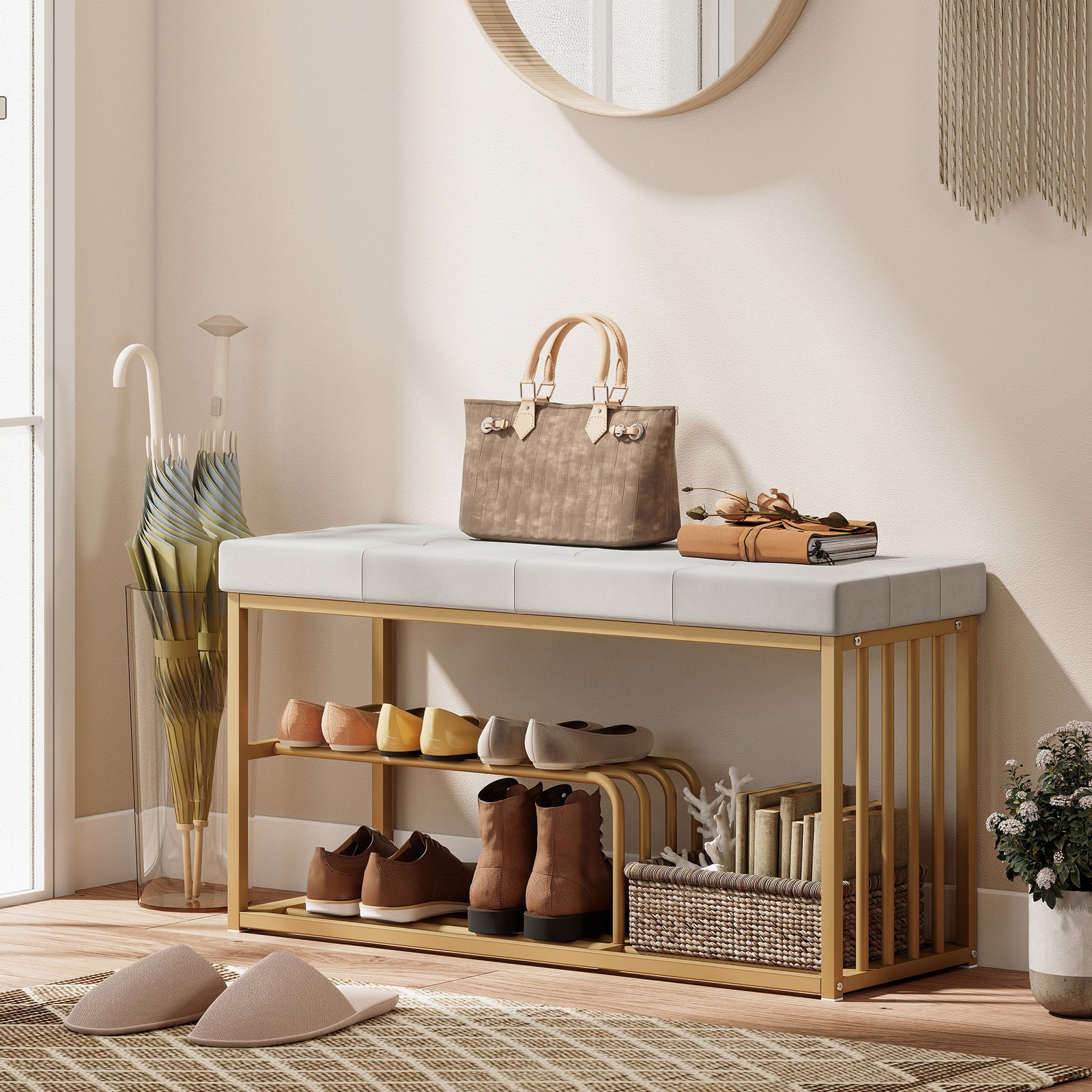 Shoe Storage Bench With Seat Cushion Tufted Shoe Rack Bench | Grey