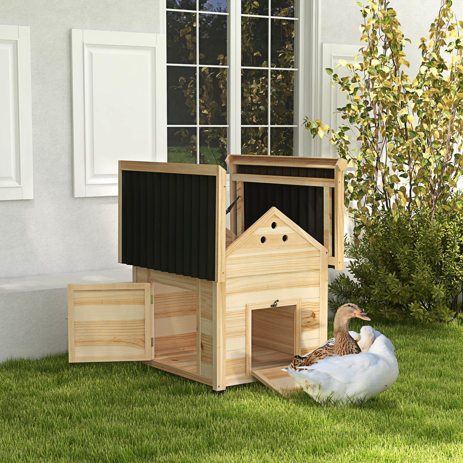 Pawhut Wooden Duck House, Poultry Coop With Double Doors, Openable Roof