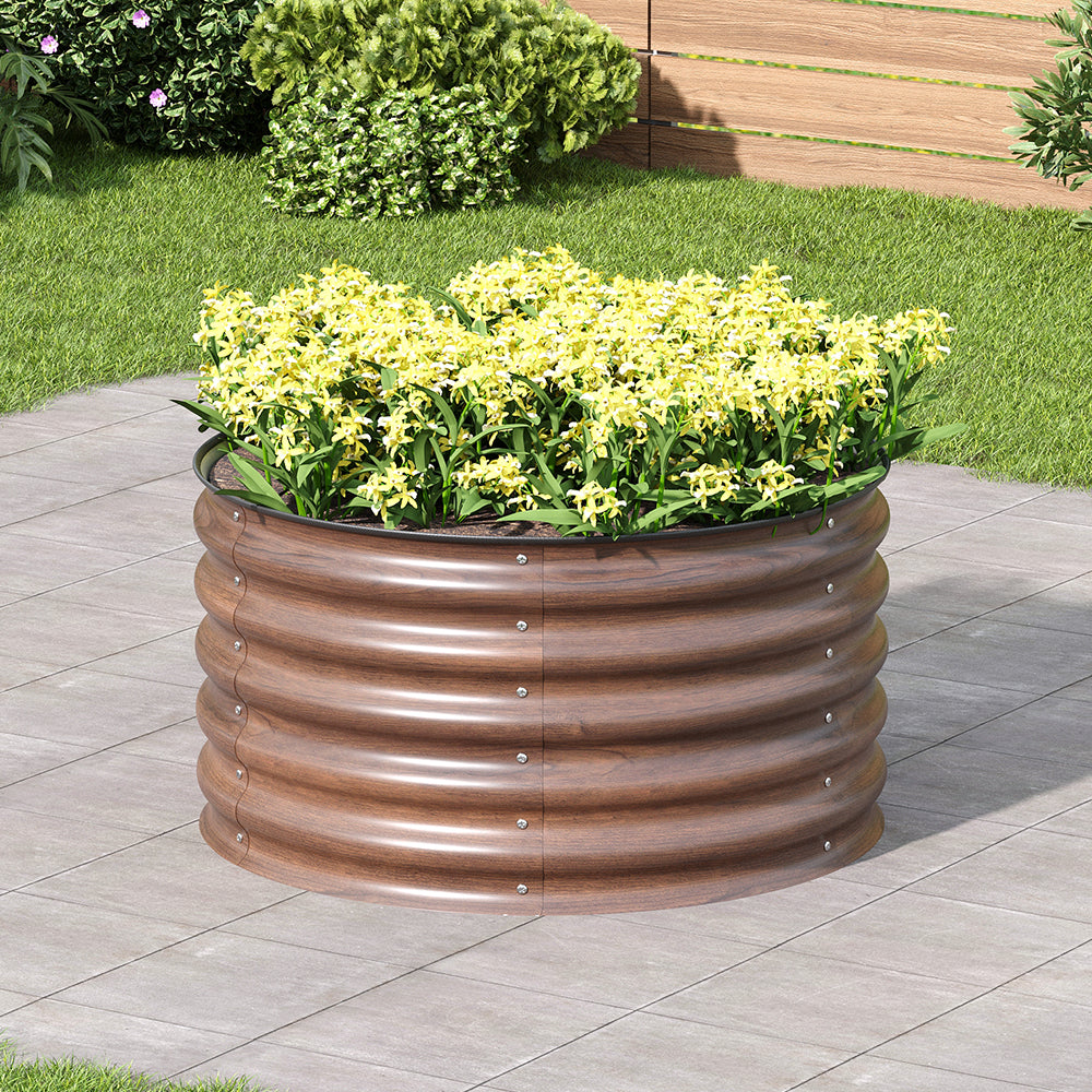 80cm Dia X 43cm H Brown Wood Grain Round Metal Raised Garden Bed Outdoor Planter Box