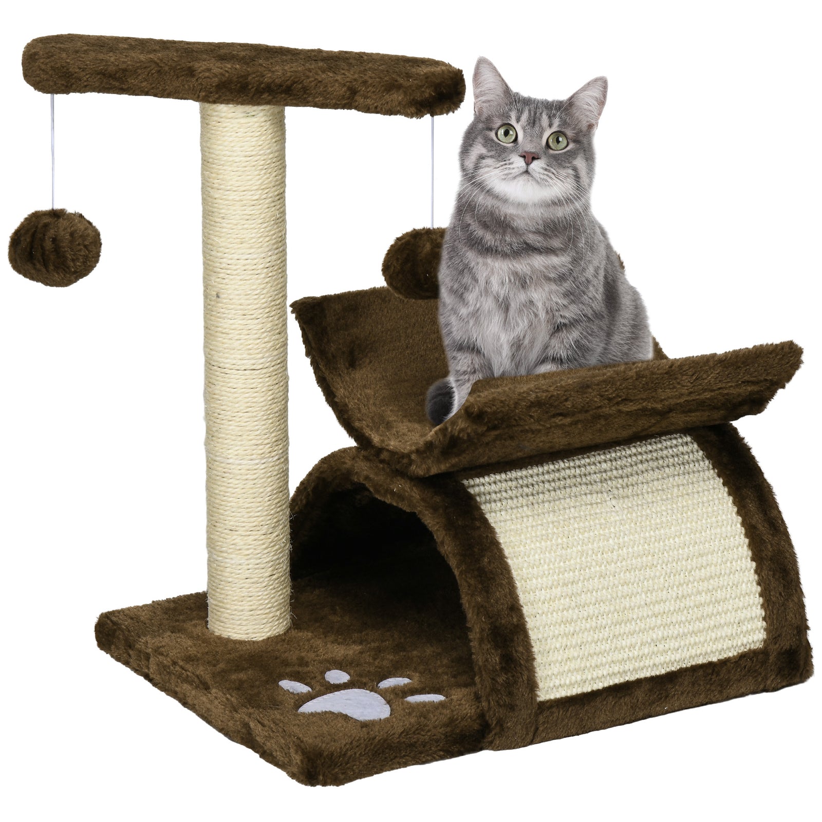 Cat Tree Plush Scratcher Kitty Activity Play Centre Tunnel Dangling Ball | Brown
