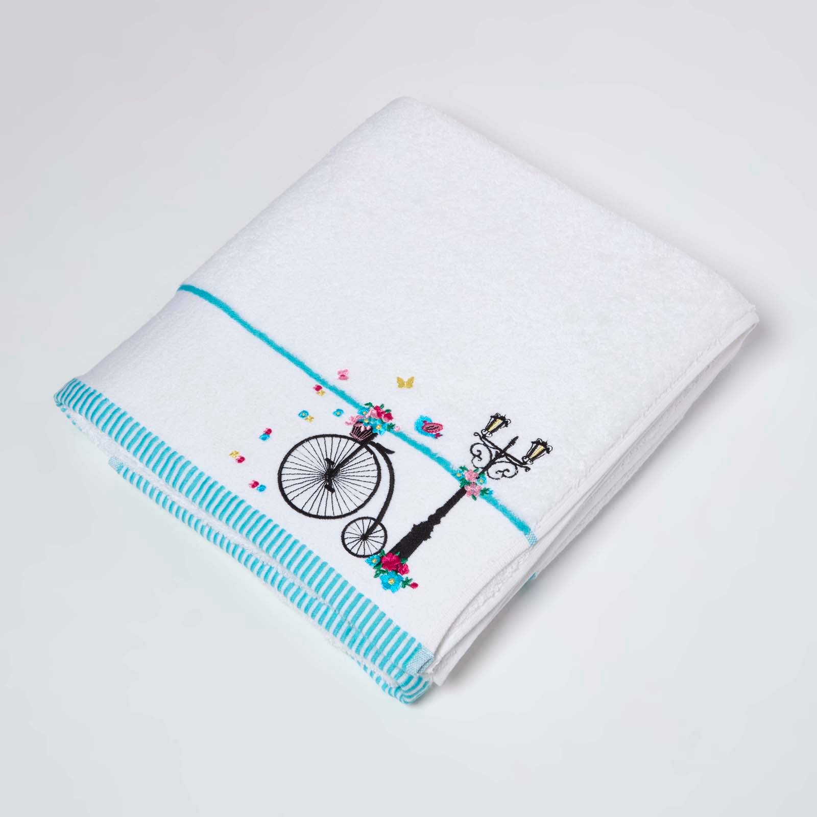 Turkish Cotton Embroidered Bicycle White Towel | Bath Sheet | White