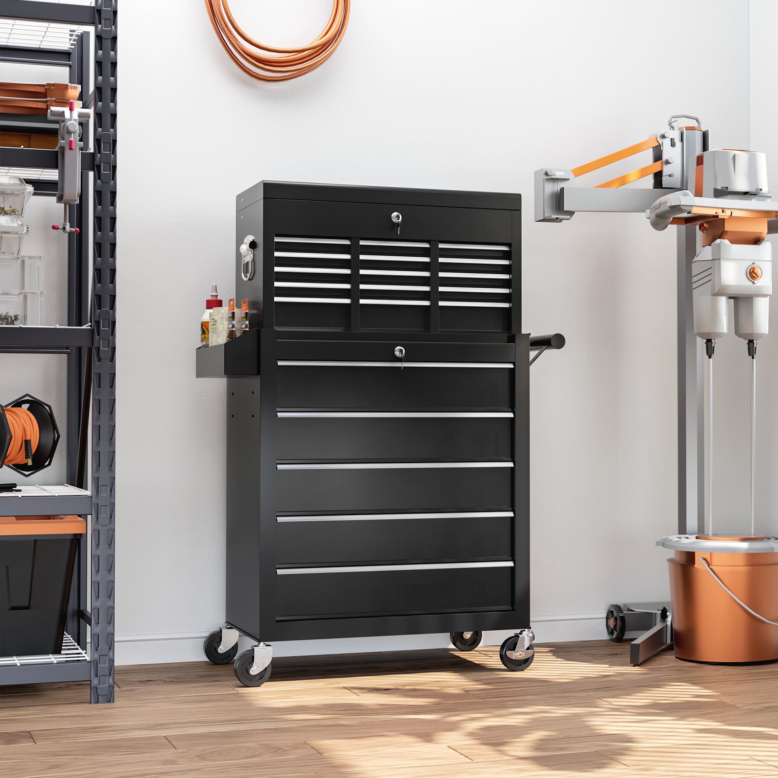 14 Drawer Tool Cabinet, Lockable, Wheels | Black