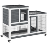 Wooden Indoor Rabbit Hutch Elevated Bunny Cage With Enclosed Run W/ Wheel | Gray