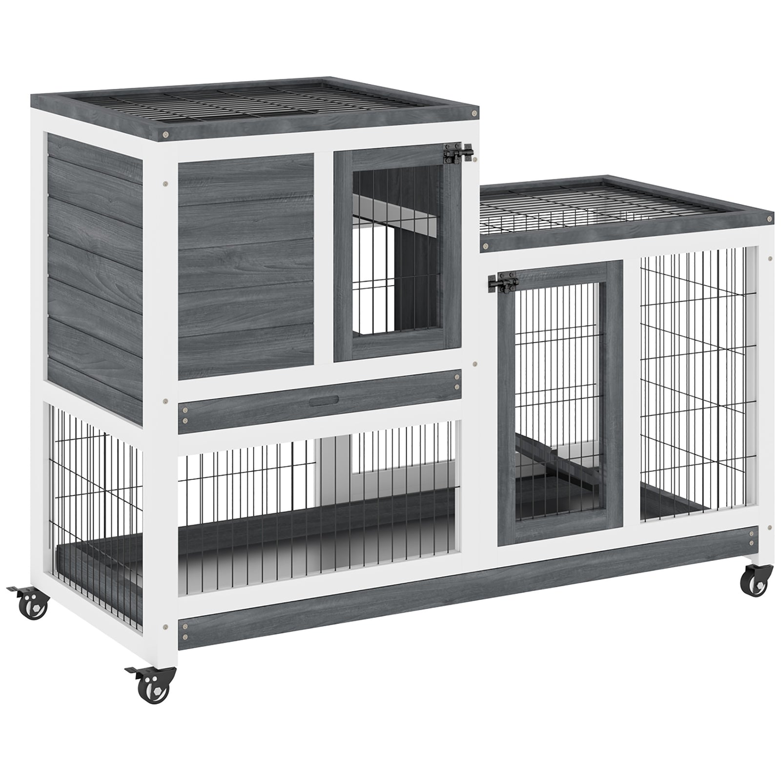 Wooden Indoor Rabbit Hutch Elevated Bunny Cage With Enclosed Run W/ Wheel | Gray