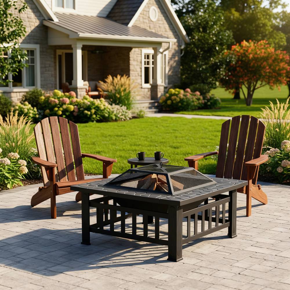 Heavy Duty Outdoor Fire Pit With Mesh Spark Screen And Grill Grate
