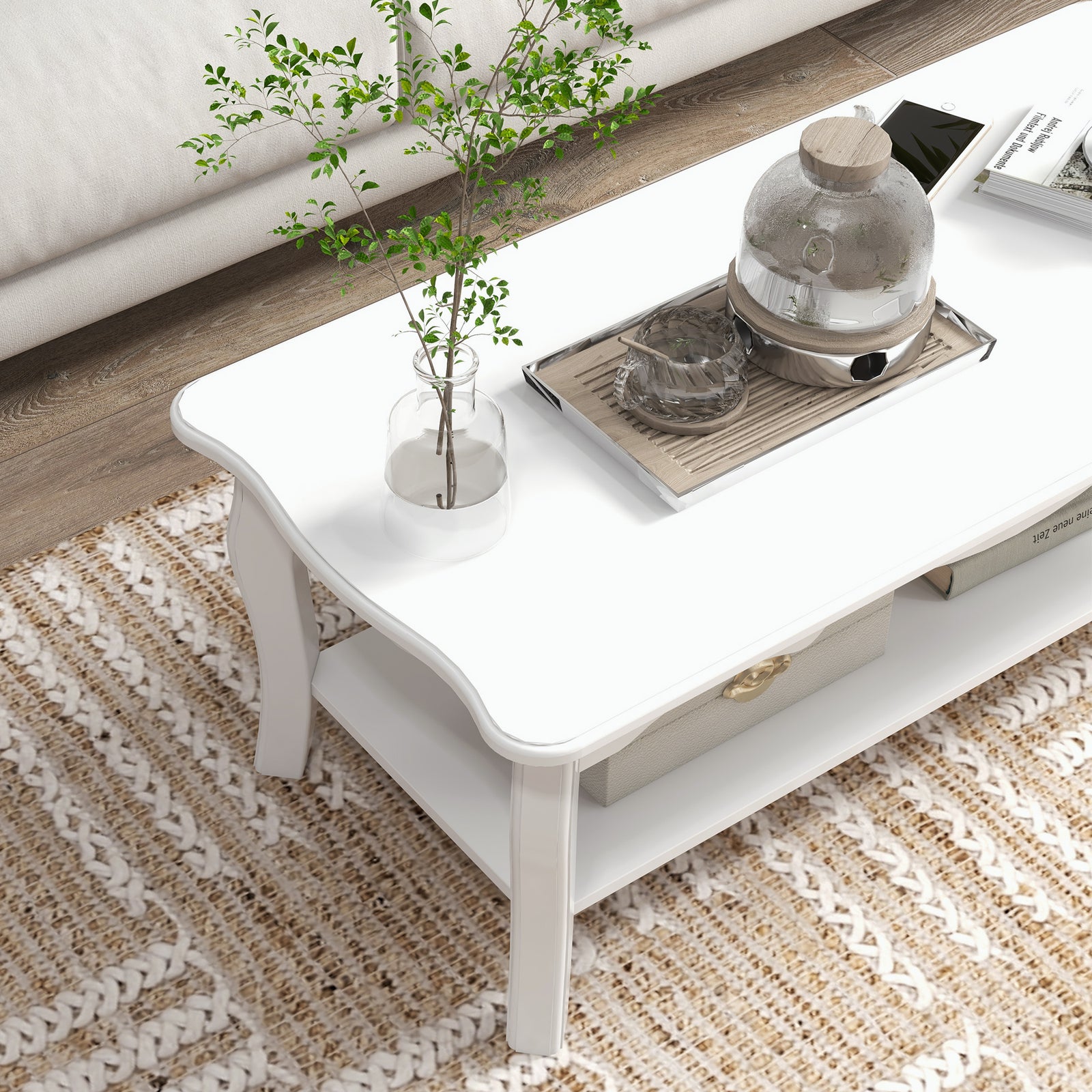 Wooden Coffee Table, White Shelf, Storage