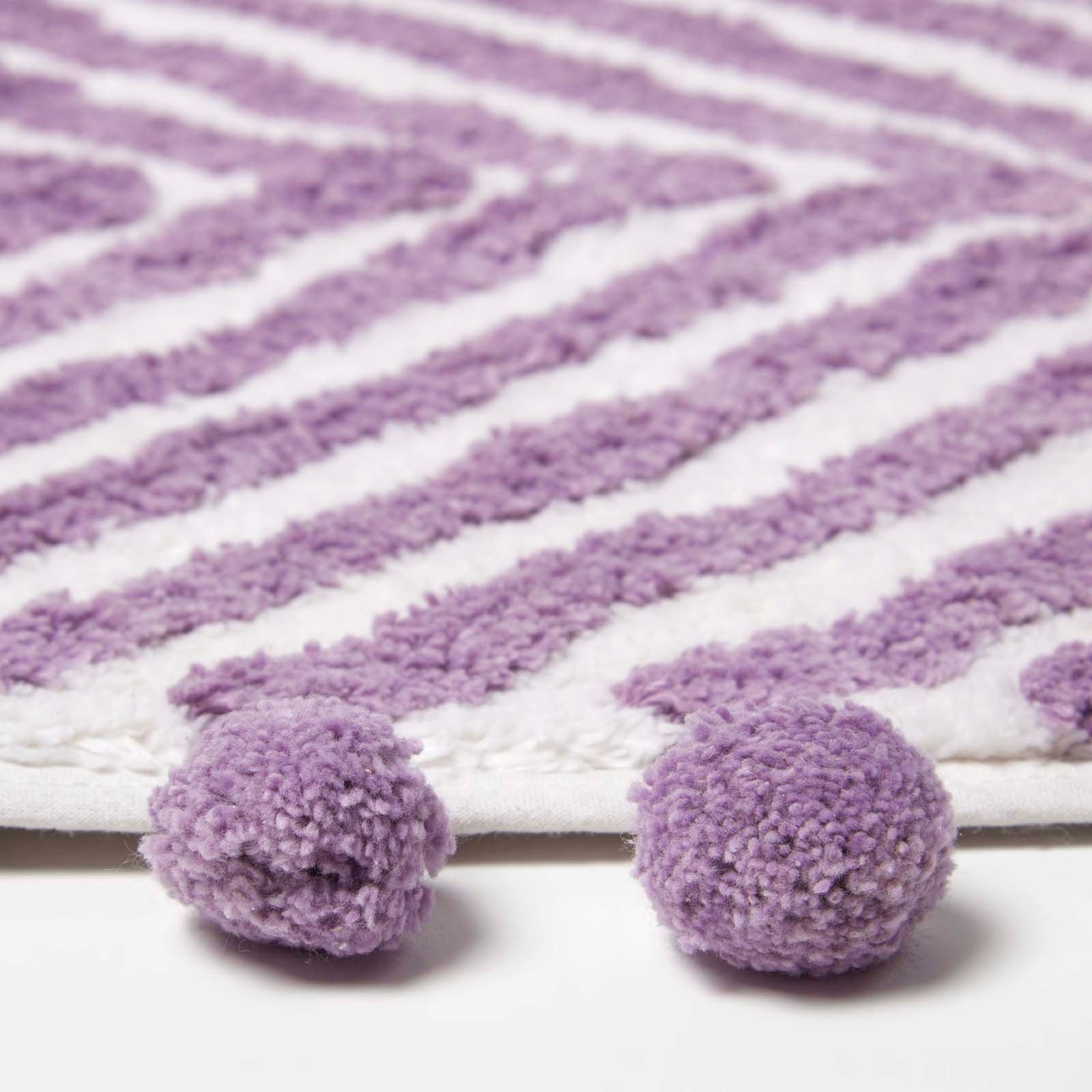 Tufted Cotton Bath Mat Zig Zag Design With Pom Poms | 50 x 80cm | Lilac