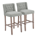 Elegant Set Of 2 Bar Stools Linen Tufted With Wood Legs & Low Back | Light Grey