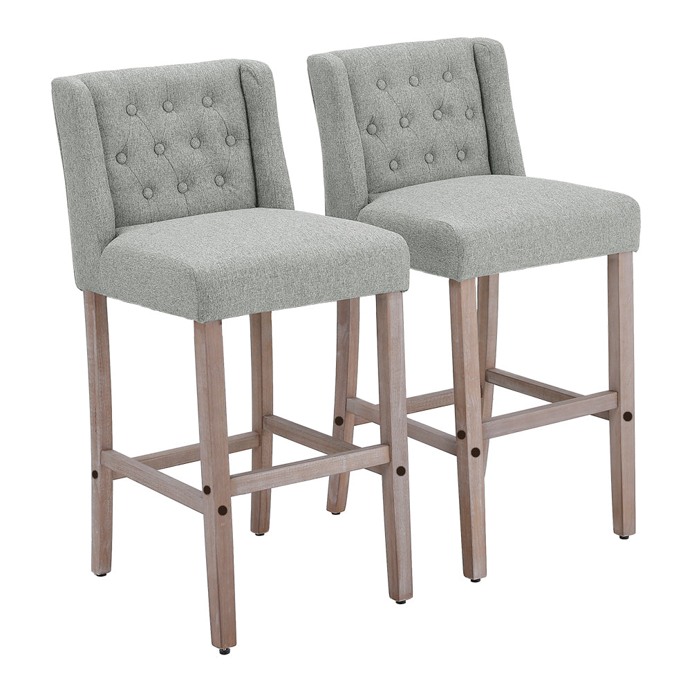 Elegant Set Of 2 Bar Stools Linen Tufted With Wood Legs & Low Back | Light Grey