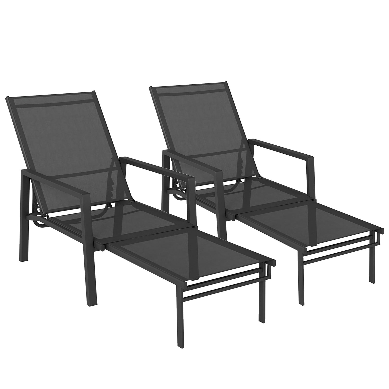 Sun Lounger W/ Retractable Footrest, 5-position Adjustable | Set-of-2 | Black