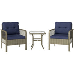 3 Piece Rattan Bistro Set, Glass Top Table And Chairs | Charcoal Gray