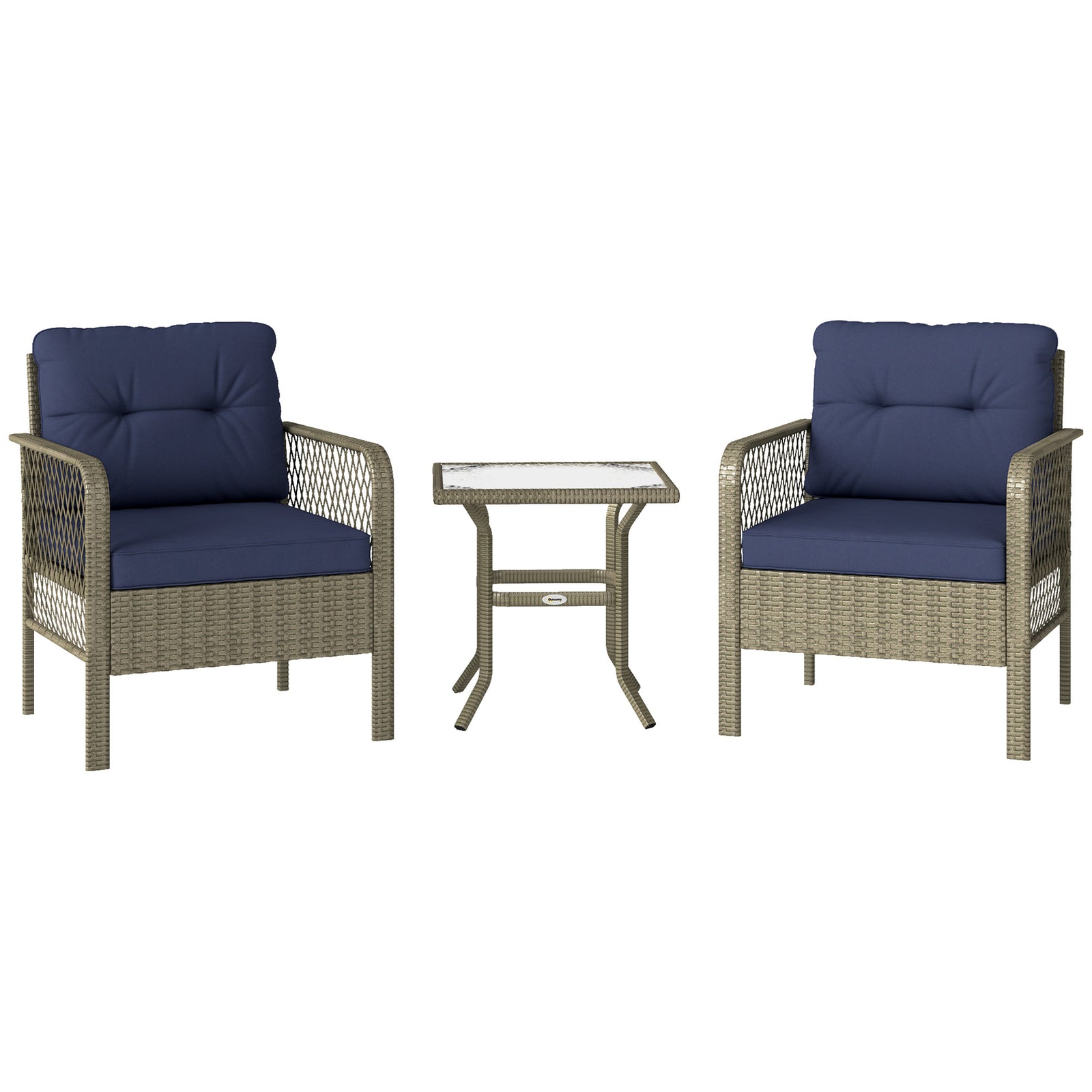 3 Piece Rattan Bistro Set, Glass Top Table And Chairs | Charcoal Gray