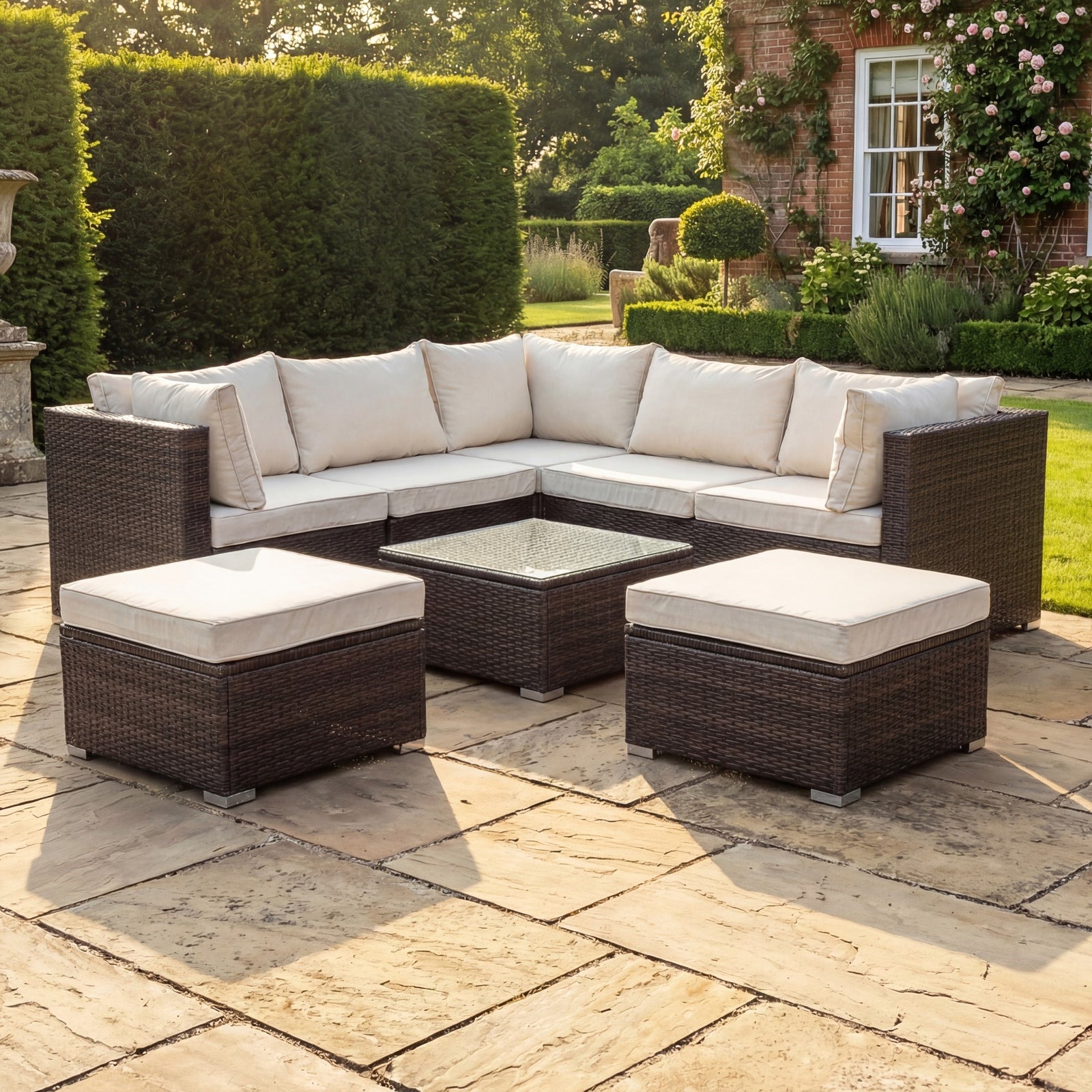 Oliena Modular Rattan L-shaped Corner Garden Furniture | 6 Piece | Cream & Brown