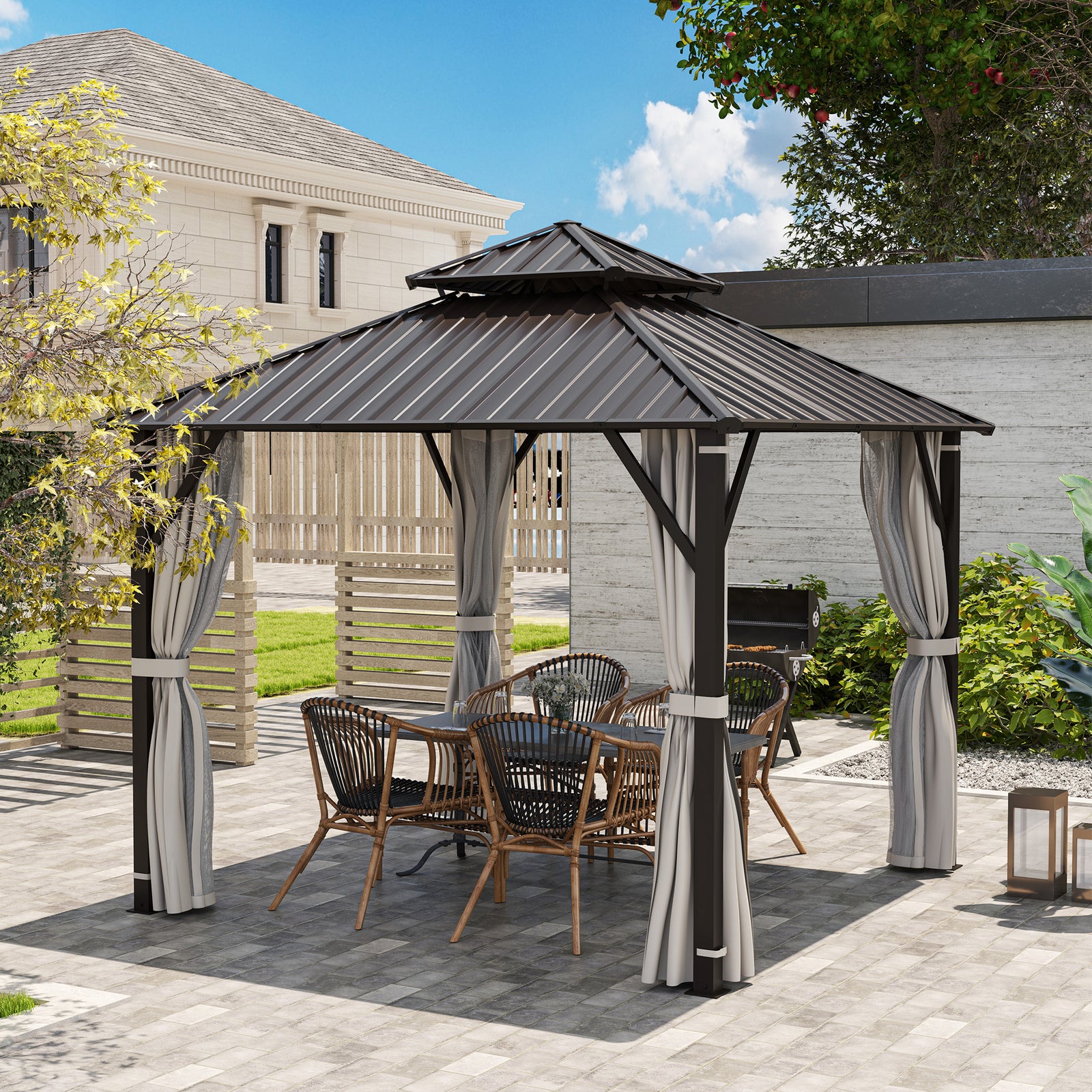 3 X 3(m) Hardtop Gazebo W/ Metal Roof, Netting And Curtains