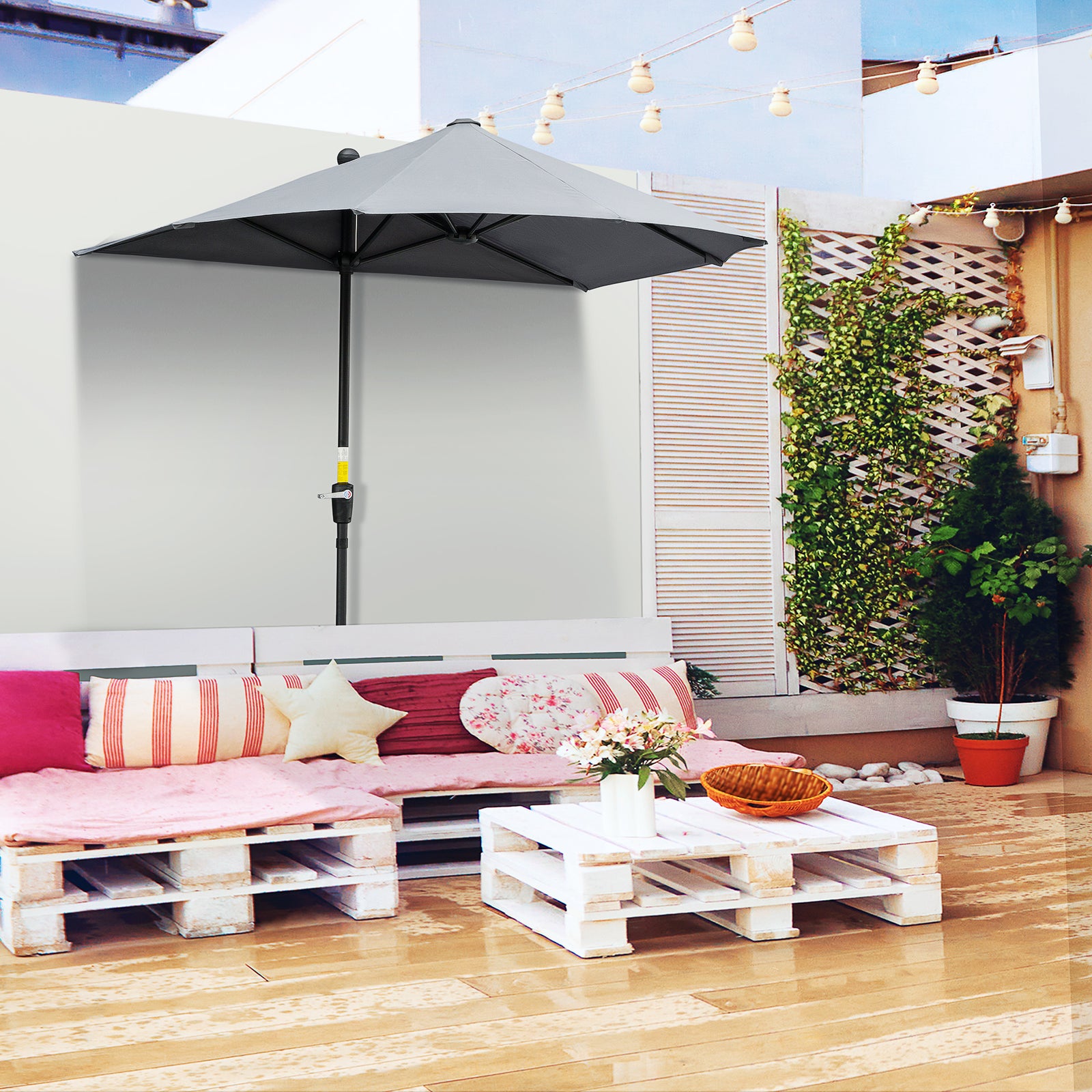 2m Half Balcony Parasol W/ Double Canopy & Base | Dark Gray
