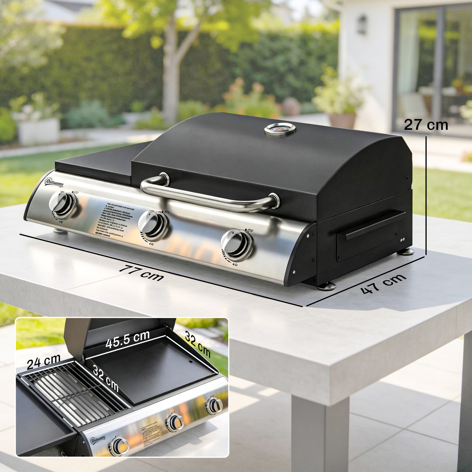 Outsunny 7.5 Kw Portable Portable Gas Plancha Bbq Grill With 3 Burner, Black