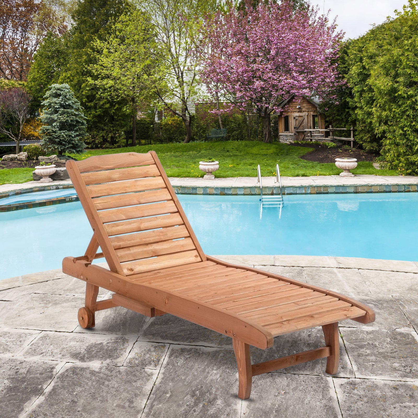 Wooden Sun Lounger W/ Pull-out Tray & Wheels